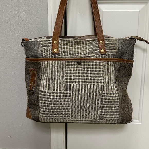 Myra Bag Upcycled Gray and Brown Large Purse/Handbag - Picture 5 of 14